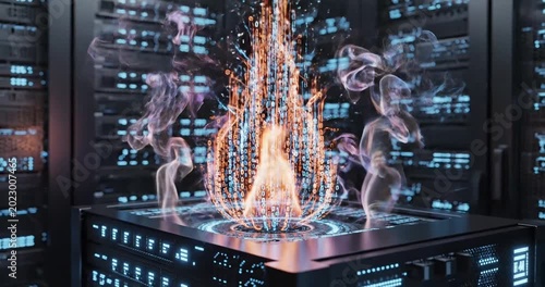 A dynamic visual of a digital fire emerging from a high-tech surface in a futuristic setting