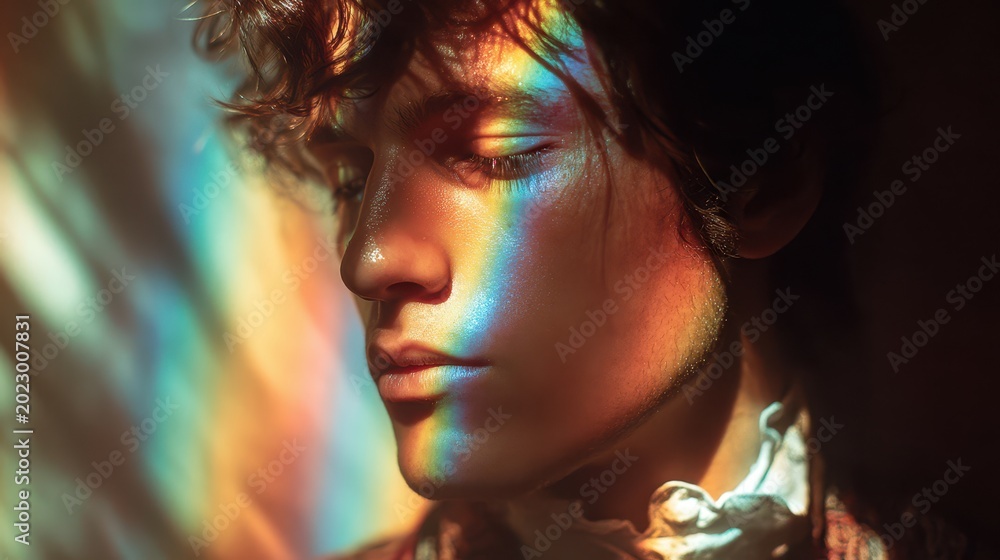 Naklejka premium Artistic portrait of a contemplative young man with rainbow light on his face, a conceptual image of LGBTQ pride, identity, self-acceptance, and inner serenity.