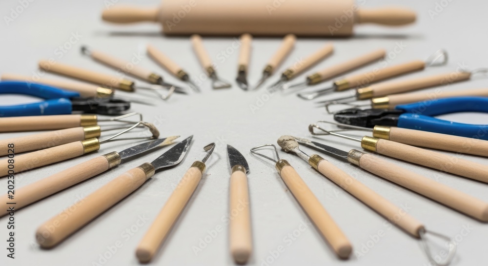 Fototapeta premium Artistic Pottery Tools Arranged in a Circular Pattern on White Surface.