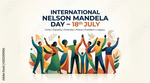 Joyful Nelson Mandela celebration illustration with diverse community gathering for humanitarian awareness campaign and unity promotion