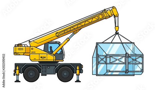 Photos Yellow mobile telescopic crane lifting heavy glass facade panel vector illustrat