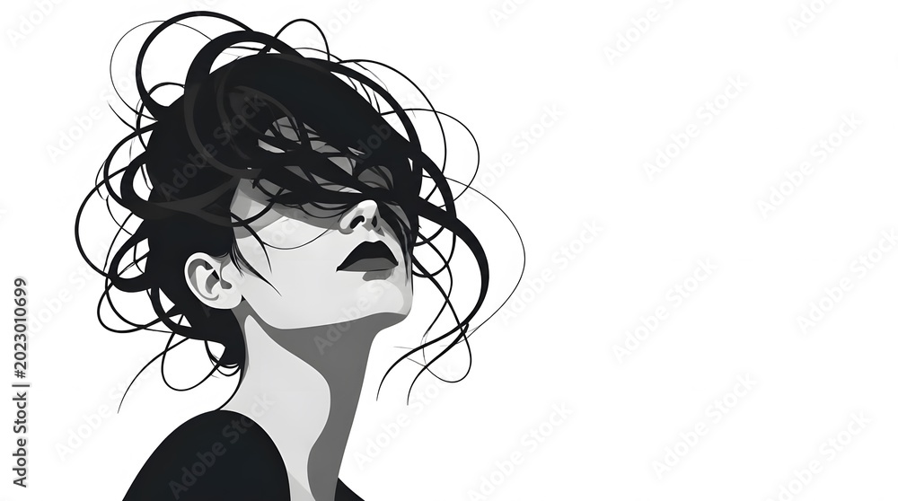 Naklejka premium Stylized Black Hair Windwept Portrait