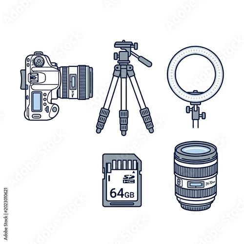 Collection of photography equipment and accessories.