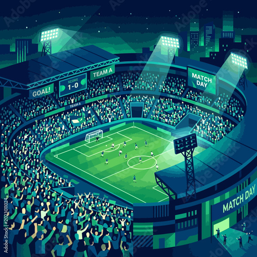 A vibrant nighttime soccer stadium scene.