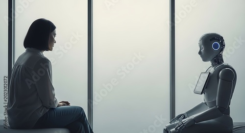 Woman and robot sitting across from each other against white background.