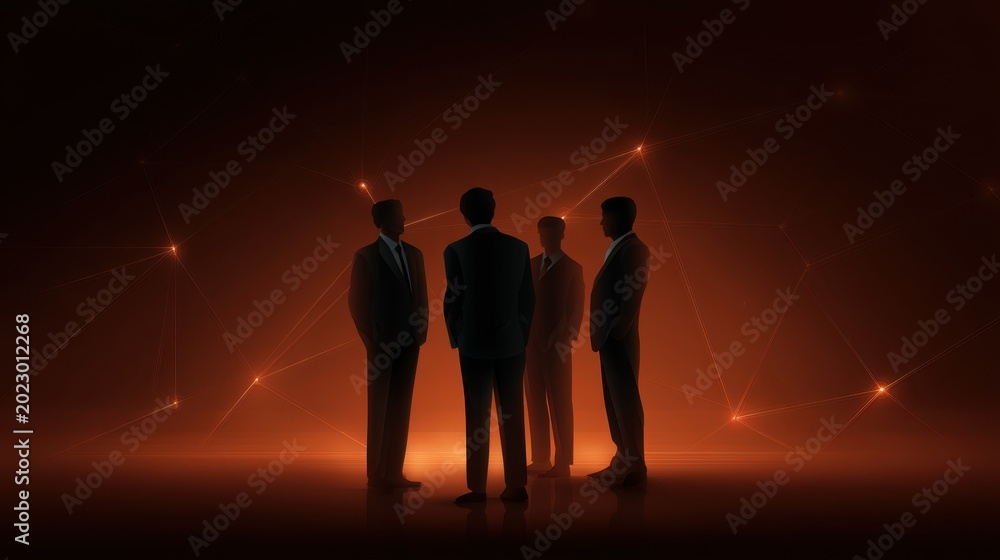 Fototapeta premium Four Business Professionals in Silhouette Engaged in Conversation Against a Glowing Abstract Background Representing Connection and Collaboration