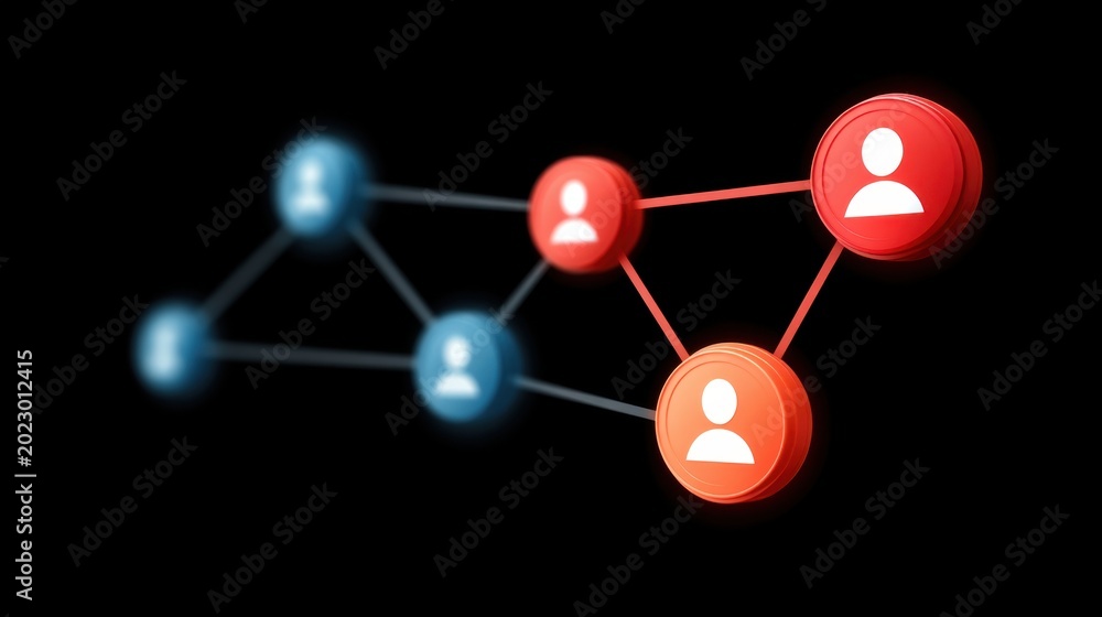 Fototapeta premium Dynamic social network visualization with interconnected user profiles represented in vibrant colors on a dark background illustrating connectivity and relationships