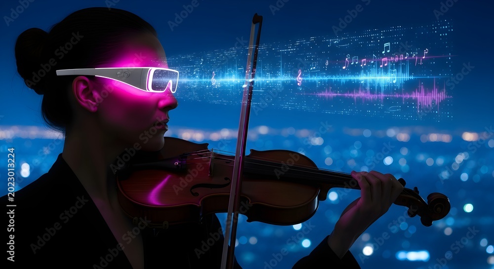 Fototapeta premium Futuristic Musician Wearing Augmented Reality Glasses Playing Violin