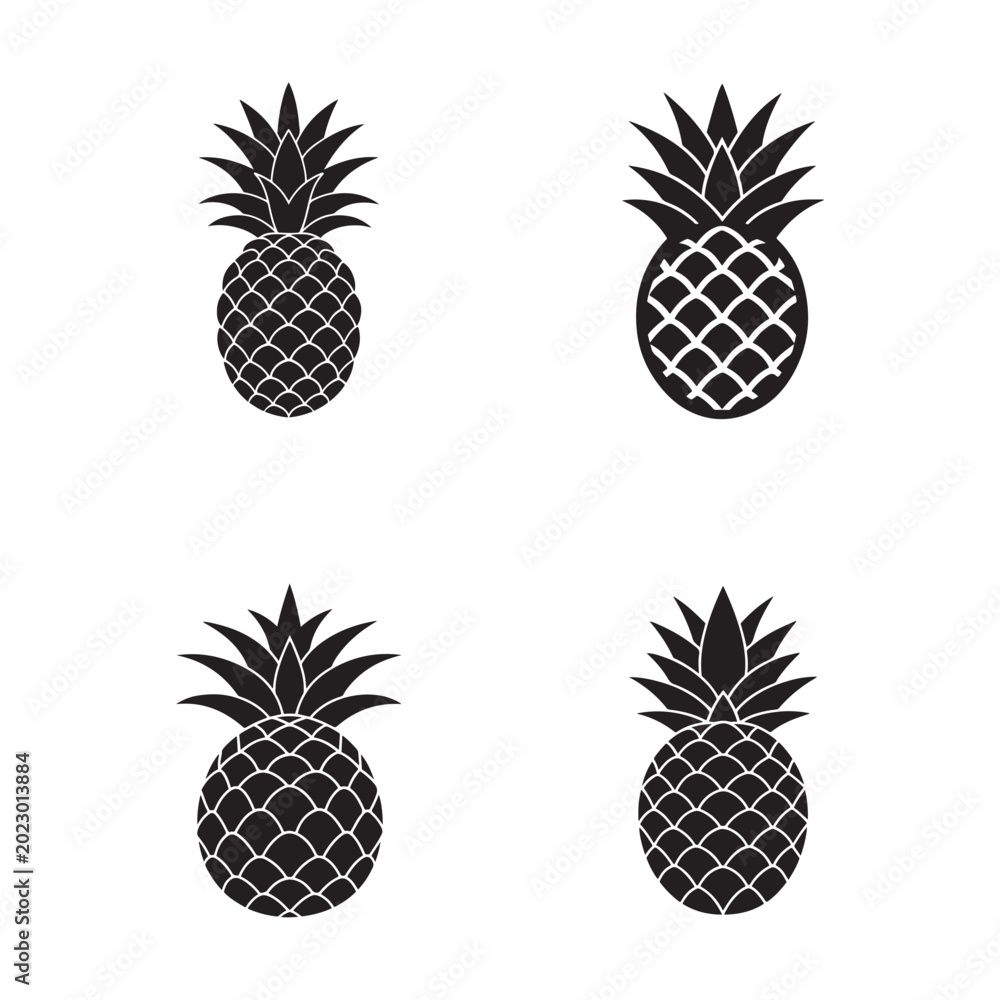 Obraz premium Four black and white illustrations of pineapples with different leaf and body details fruit icons