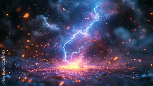 Energetic lightnings with vibrant colors illuminate a mystical landscape