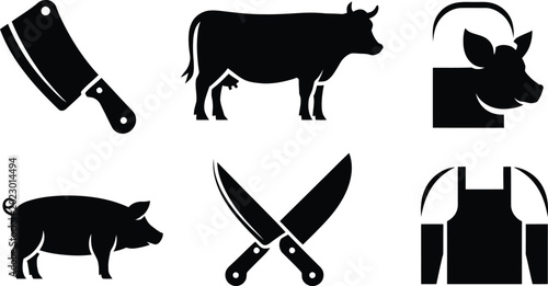 Foto Farm animals and butchery tools silhouettes collection with silhouette butchery