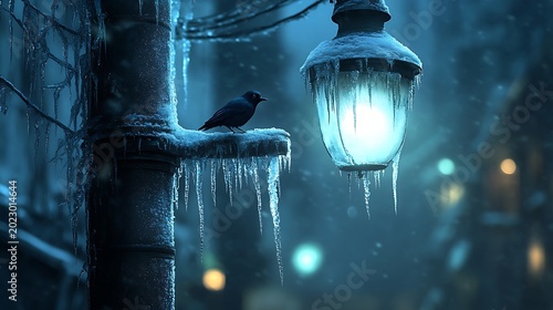 A captivating winter scene featuring a perched crow beside an ice-covered lamppost