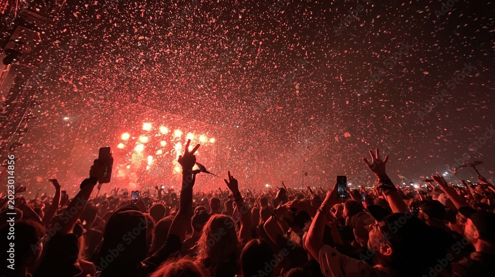 Fototapeta premium Energetic crowd enjoying a vibrant concert with red lights and falling confetti