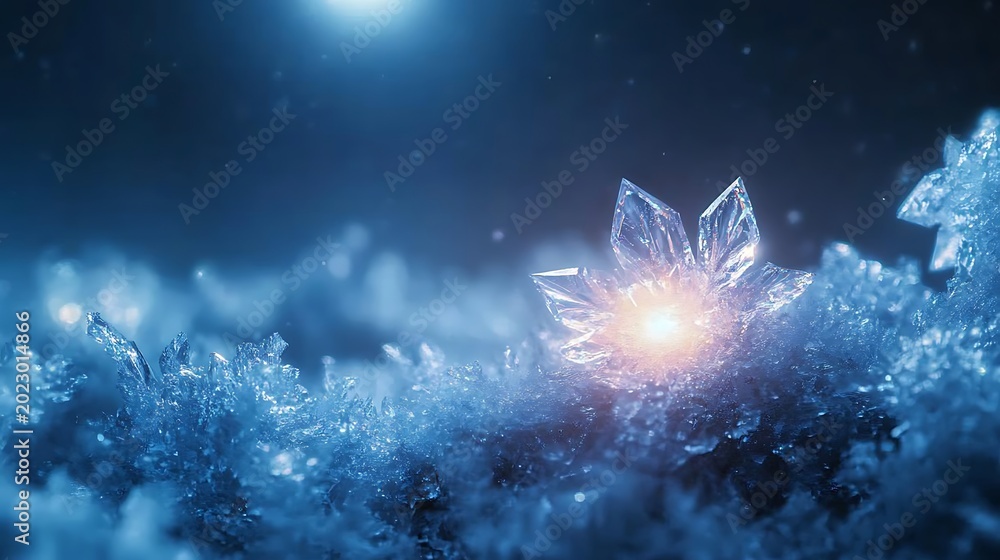 Fototapeta premium Captivating luminous crystal flower shining amidst a field of sparkling icy formations