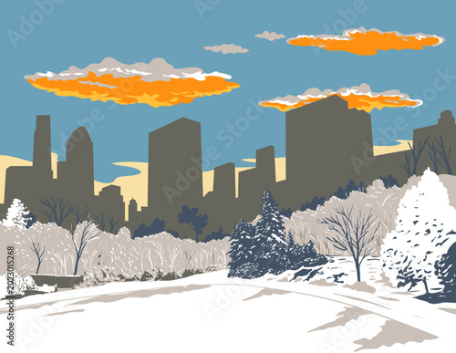 WPA poster art of Central Park during winter between the Upper West Side and Upper East Side of Manhattan in New York City, USA  done in works project administration or federal art project style.