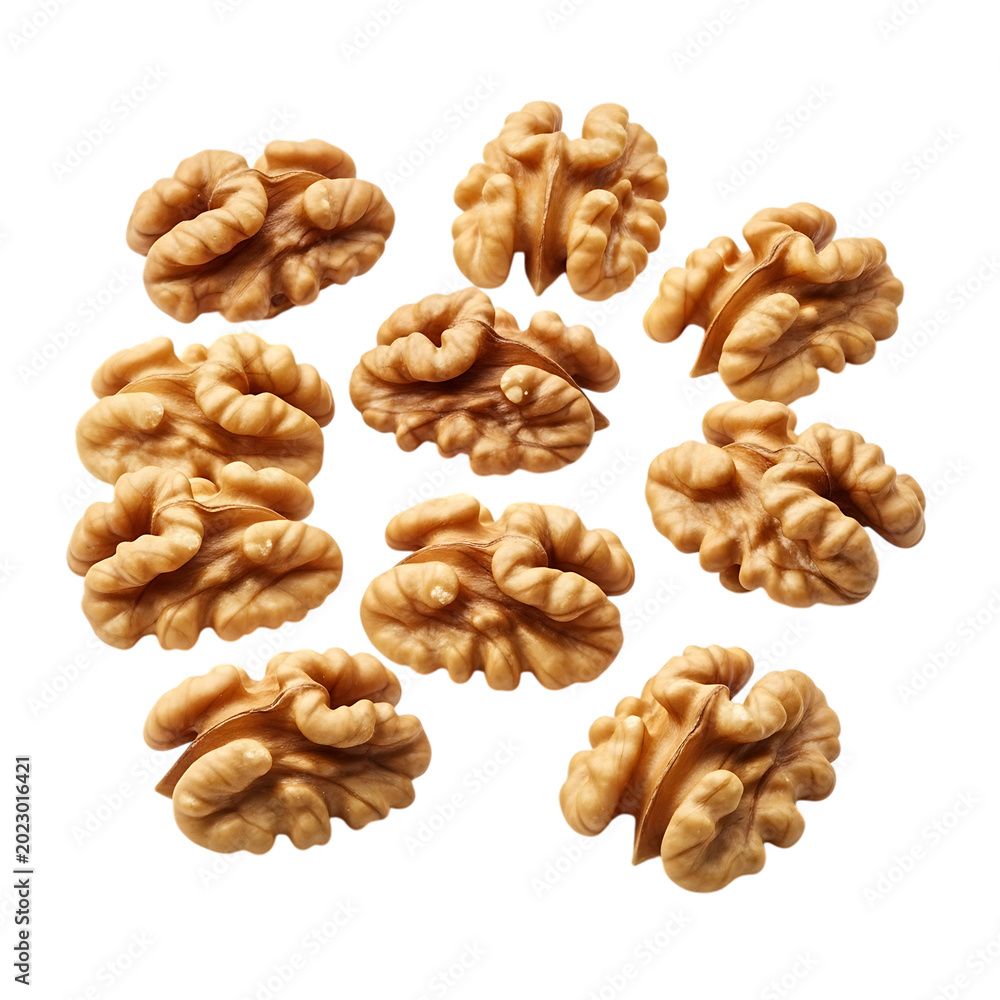 Fototapeta premium Scattered walnut halves on transparent background realistic.