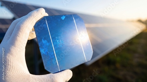 Closeup of a hand in a white glove holding a single photovoltaic solar cell with a solar panel array in the background