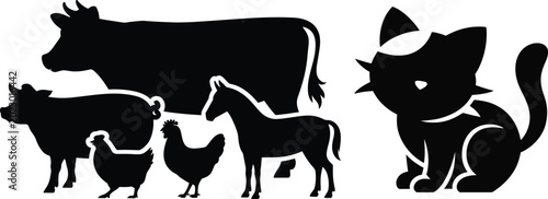 Photography Farm animals and cat black silhouettes vector illustration set with domestic liv
