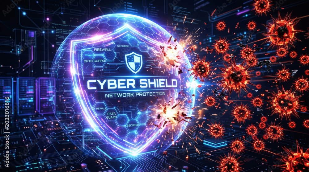Fototapeta premium Digital Cyber Shield Network Protection Against Viruses and Malware Attacks Concept