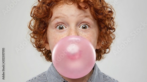 Surprised redhead boy with curly hair blowing a large pink bubble gum ball, looking with wide eyes in amazement and wonder