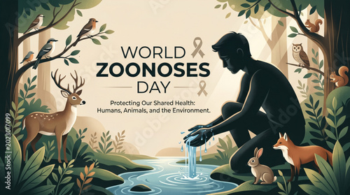 World zoonoses environmental awareness illustration showing human wildlife balance and global health protection campaign
