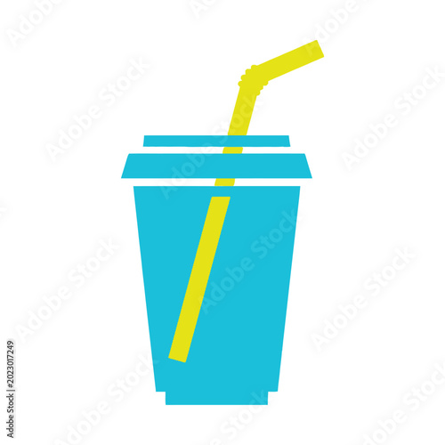 Minimalist soda cup vector icon, blue takeaway soft drink with yellow straw, fast food beverage symbol