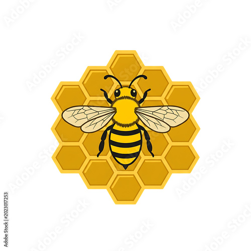 Cute Cartoon Honeybee on Honeycomb Vector Illustration, kids products, honey labels, educational materials, stickers, and beekeeping logos. Isolated on white background. Commercial use.