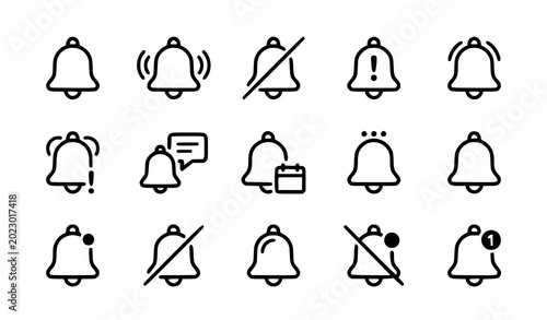 Bell notification editable stroke outline icons set with alert and reminder symbols vector illustration