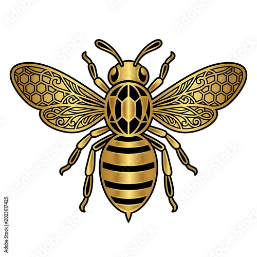 Luxury Gold Ornate Honeybee Top View Logo Vector Illustration, honey brands, cosmetics, jewelry and premium logos. Isolated on white background. Vector style, commercial use.