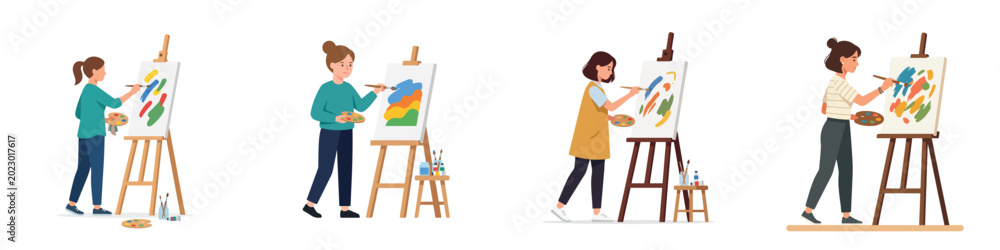 Fototapeta premium Minimal flat vector design of a young artist painting on a canvas with colorful brushes, clean composition, white background.