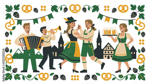 Traditional German Oktoberfest celebration with dancing music and beer festive attire cultural heritage and joyful atmosphere in a decorative setting.