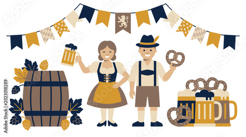 Oktoberfest Celebration with Traditional German Beer Barrel Couple and Pretzels