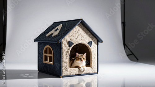 Adorable Cat Peeking Out of a Cozy, Adorable Pet House in a Studio Setting