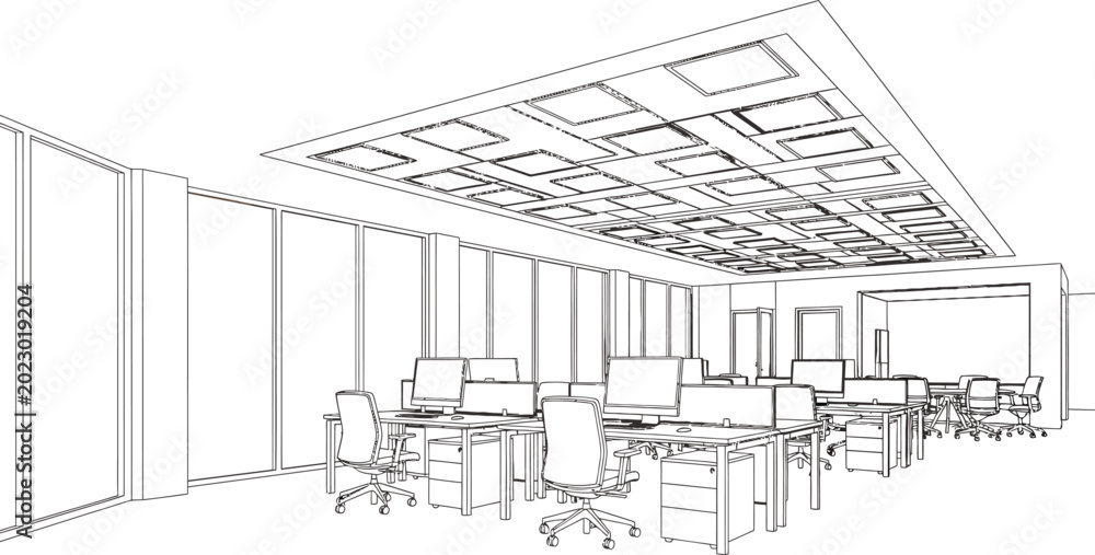 Fototapeta premium Modern open plan office interior with desks and computer monitors architectural line art vector illustration for workspace design planning