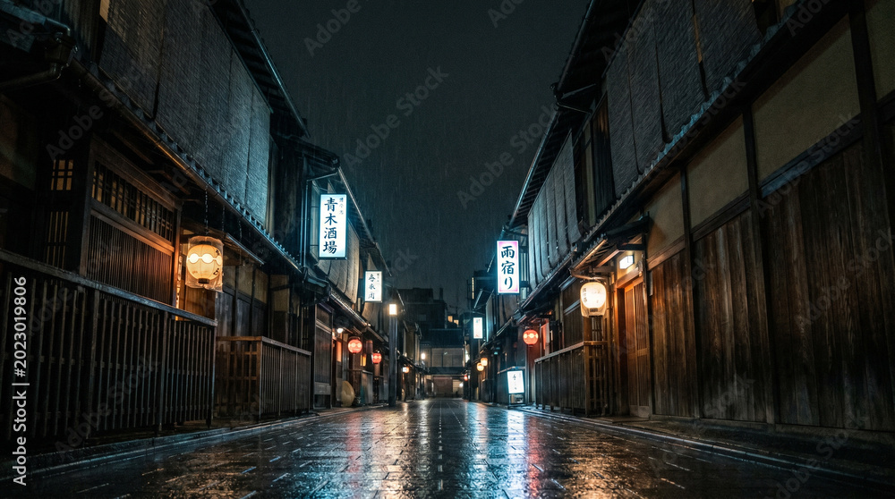 Naklejka premium Cinematic Rainy Night in a Traditional Japanese Alley with Glowing Lanterns and Signs