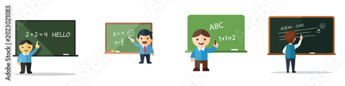 Foto Educational icons featuring teachers instructing students at chalkboards