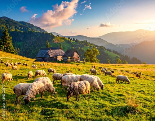 A serene rural landscape with sheep grazing in a green meadow