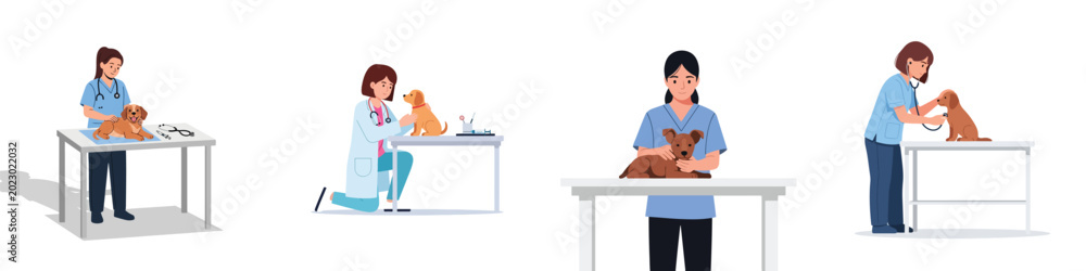 Fototapeta premium Veterinarians provide care for pets. Illustrations show vets examining and treating dogs and cats in a clinic, offering essential health