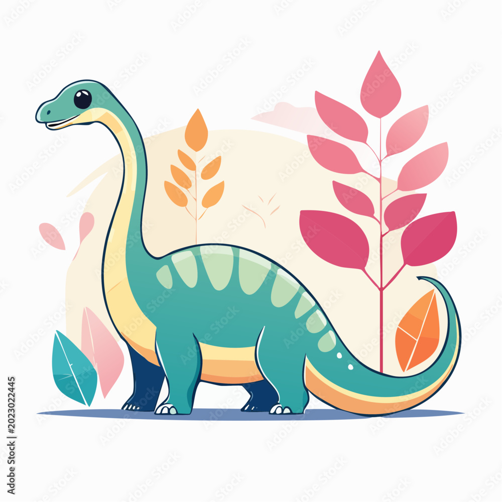 Naklejka premium Cute Cartoon Dinosaur with Plants