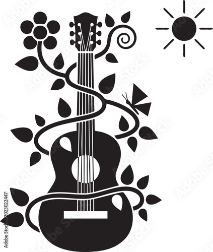 Guitar entwined with vines flowers and butterfly.