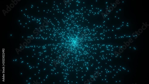 Cyan glowing particle burst explosion orbiting animation on dark background
