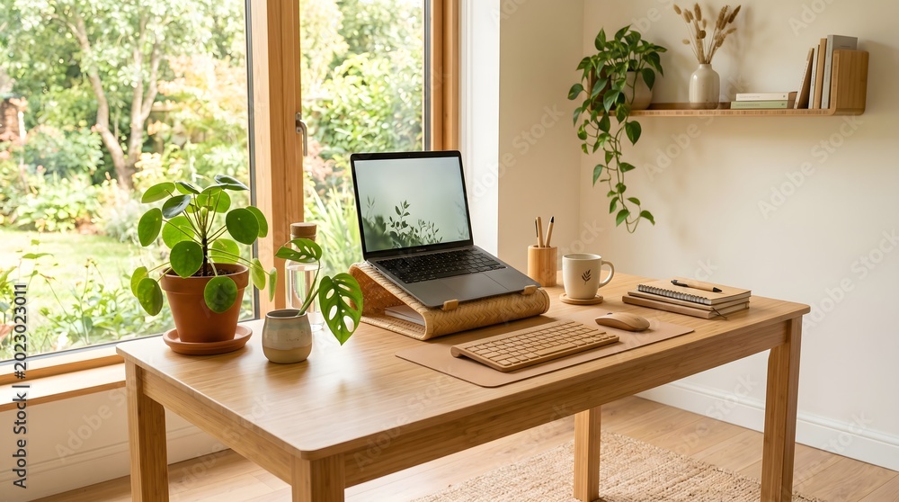 Fototapeta premium Minimalist Workspace Laptop On Wooden Desk With Plants