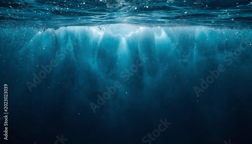 Underwater glacier wall surrounded by floating frozen particles