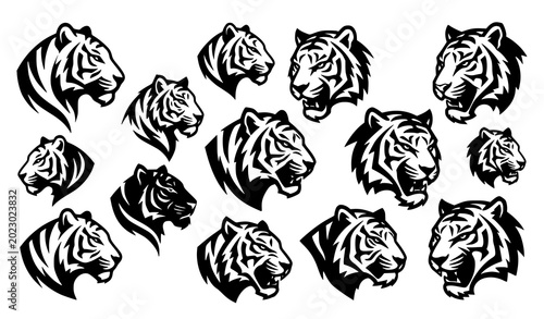 Canvas Print Tiger Head Silhouette Collection Minimal Wildlife Vector Illustration Set