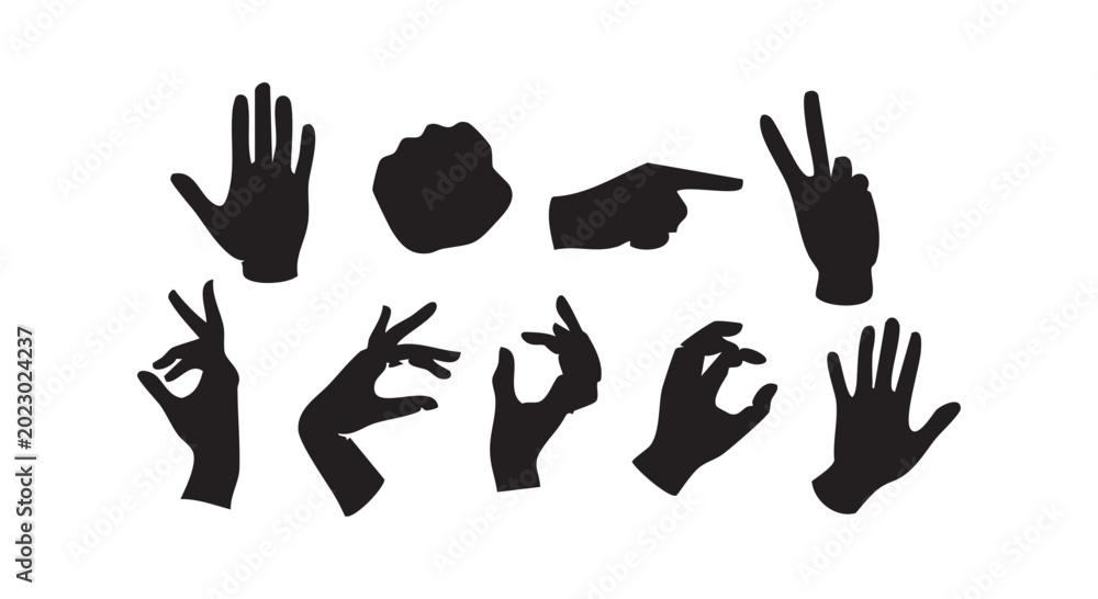 Fototapeta premium Set of various hand gesture silhouettes showing different signs and actions on a crisp white background.