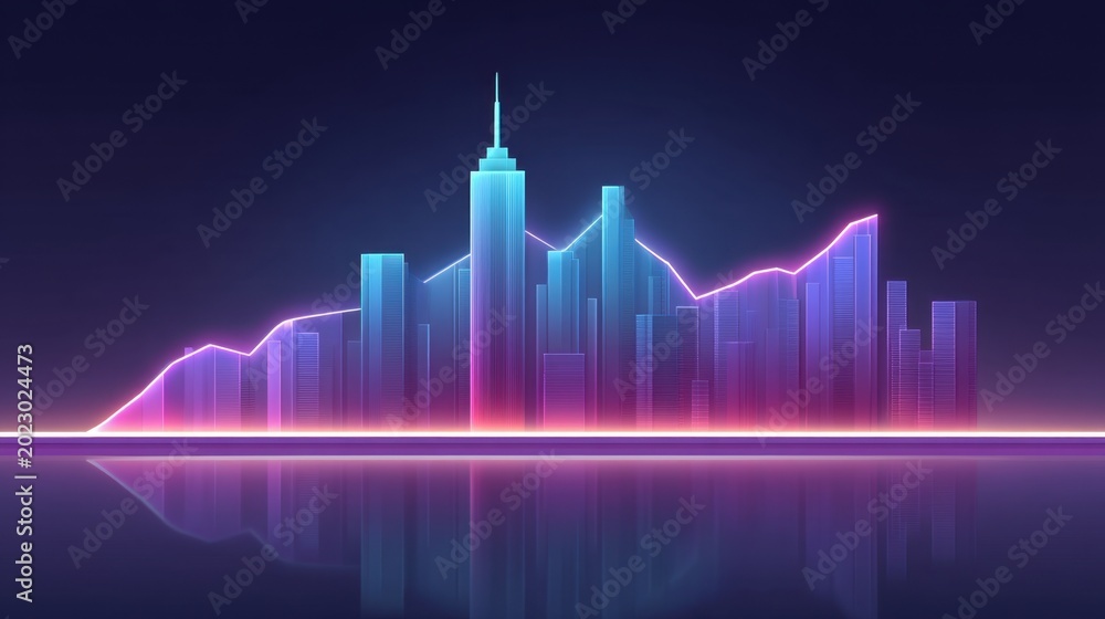 Fototapeta premium Modern city skyline with neon lights representing growth and development, glowing skyscrapers reflecting in calm water at night with vibrant colors