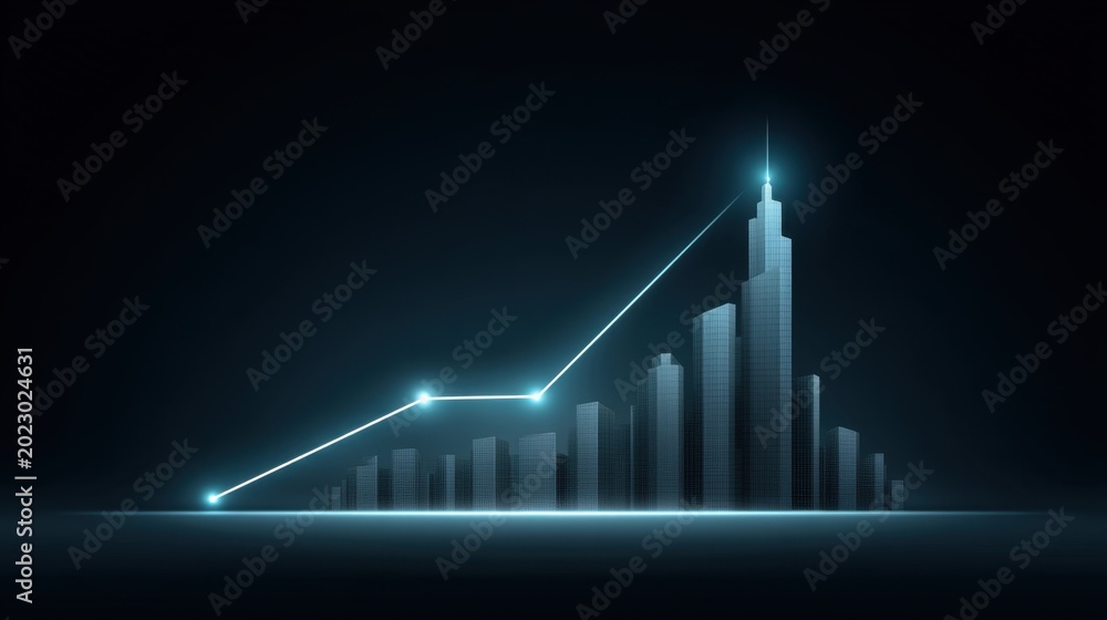 Fototapeta premium Modern Data Visualization with Abstract Bar Graph and Trend Line in Dark Background, Concept of Growth and Business Progression in Digital Space