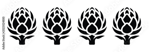 Foto Four stylized black artichoke arranged in a row on a white background