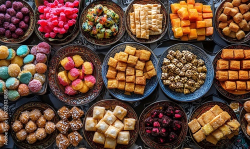 Abundance of colourful sweet dishes presented in decorative bowls from above