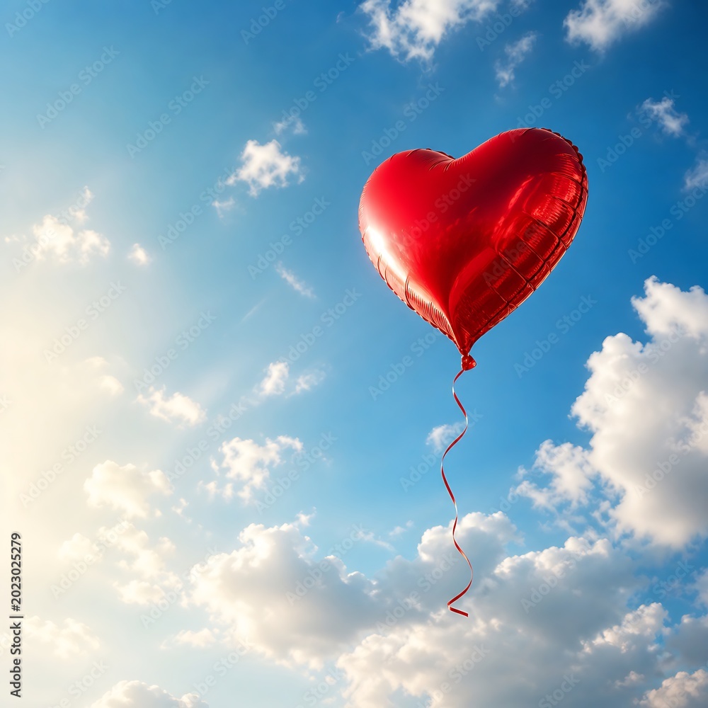 Fototapeta premium Red heart-shaped balloon floating vibrant, shiny metallic blue sky, sunlight, bright with fluffy clouds.